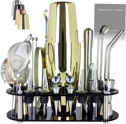 22-Piece Cocktail Shaker Set, 25/20oz Bartender Kit, Bartending Stainless Steel Bar Tools Sets for Drink Mixing, Boston Cocktail Shakers with Stand Recipes Booklet (Rose Copper-25-20oz)