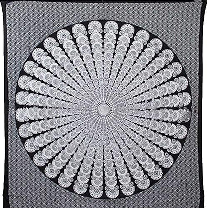 Bless International Handmade Indian hippie Bohemian Psychedelic Peacock Mandala Wall hanging College Dorm Beach Throws Table Cloth Bedding Tapestry (Black White, King(88x104Inches)(225x265Cms))