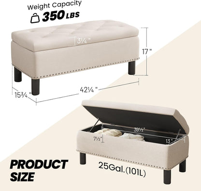 Furniliving 42” Ottoman Bench with Storage, Folding Storage Ottoman Benches with Wood Legs, Upholstered Bedroom Bench with Button-Tufted, Entryway Bench for Bedroom, Linen, Beige