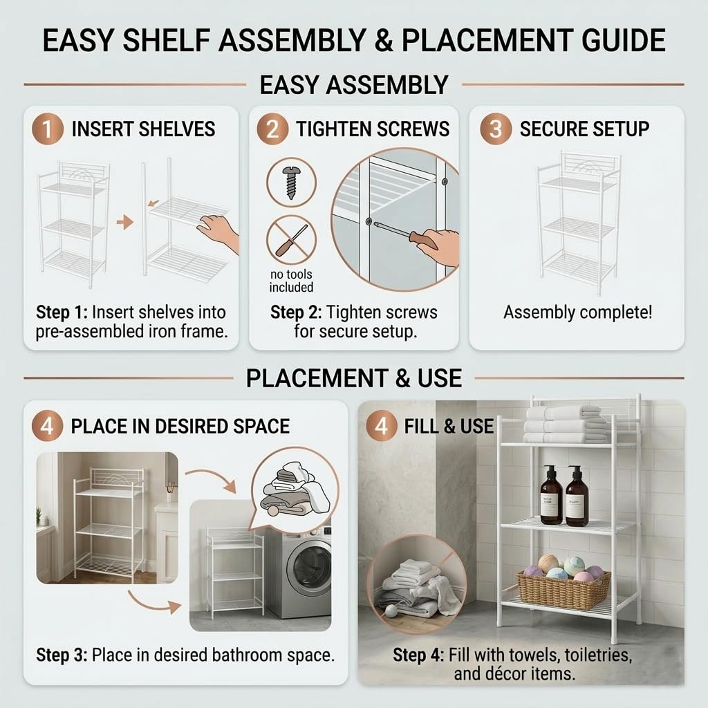Bath Bliss 3 Tier Freestanding Bathroom Storage Shelf, White Metal Organizer Rack | Rust Resistant