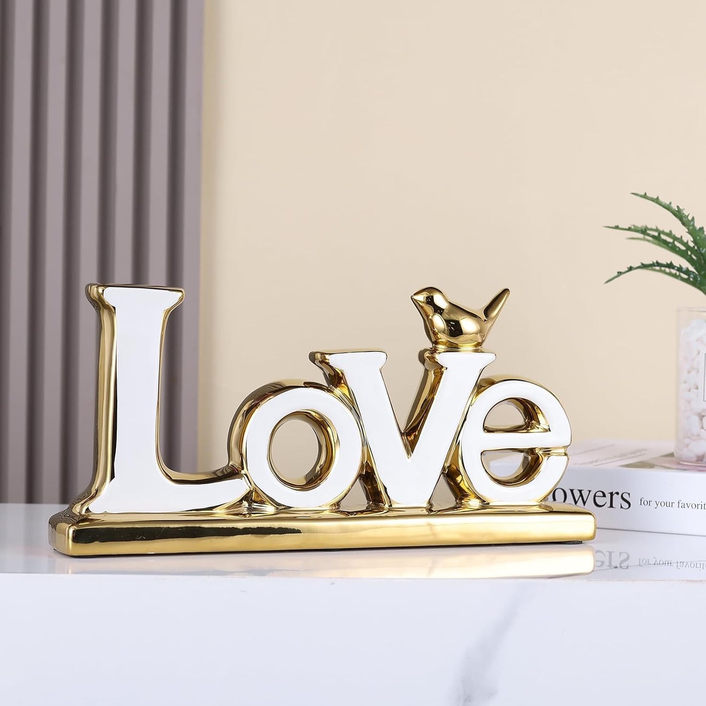 Love Sign Decoration - White & Gold Modern Bird Sculpture Statue, Personalized Love Decor for Living Room, Bedroom, Desktop