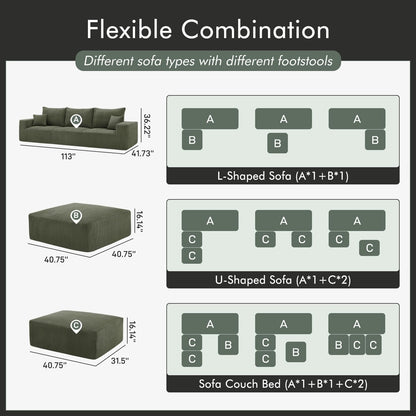 Boneless Sectional Cloud Couch Sofa for Living Room, 112" L-Shaped Modular Modern Lounge Sleeper Green Couches with Chaise, No Assemble, Cordury Compression Upholstered Sofas