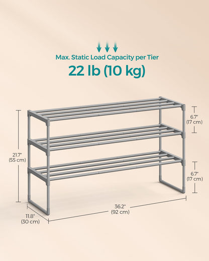 SONGMICS Shoe Rack, 3-Tier Shoe Organizer, Metal Storage Shelf, Upright or Upside Down, for 16-20