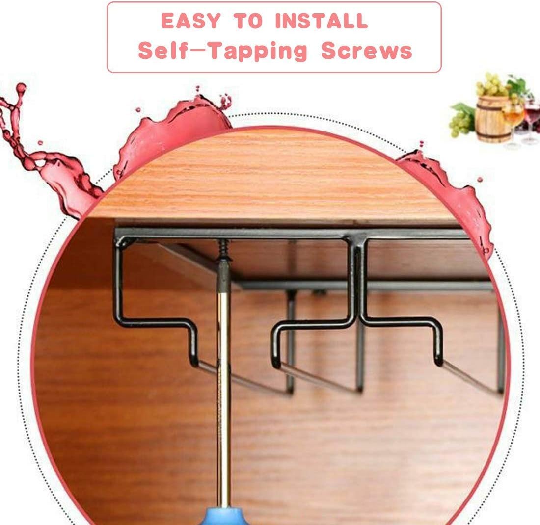 Wine Glass Rack Under Cabinet - Stemware Holder Metal Wine Glass Organizer Glasses Storage Hanger for Bar Kitchen Black 4 Rows