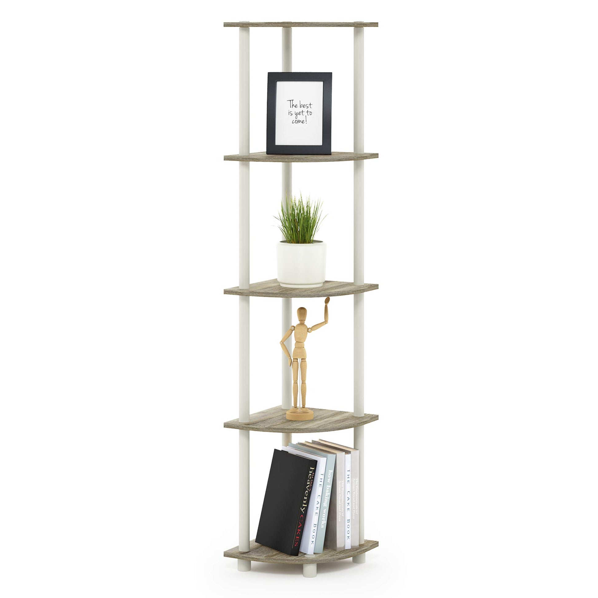 Furinno TURN-N-TUBE Corner Shelf, 5-Tier Corner Bookshelf, Open Storage Shelves, for Organization