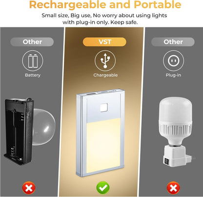 VST Motion Sensor Night Light, Rechargeable Battery Powered Led Light with Magnetic Suck Installation for Bedroom Hallway Stair Nursery Kids Room (2.68 inch 3000K 3Pack Silver)