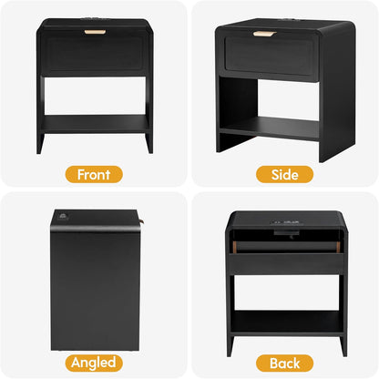 LEVNARY Nightstand with Charging Station, Mid-Century Modern Bedside Table with Curved Top Corners and Storage Drawer, Wooden End Table for Farmhouse Bedroom Living Room (1, Black)