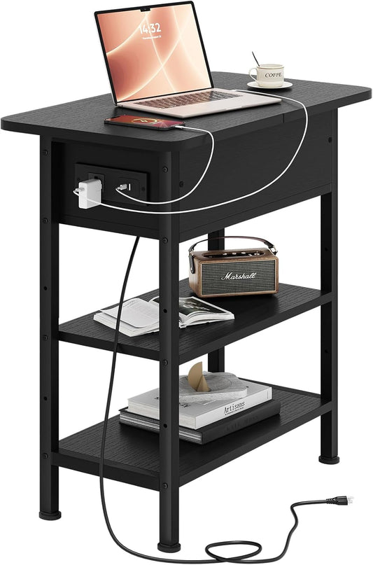 End Table with Charging Station, Flip Top Side Table with USB Ports and Outlets, 3-Tier Small Side Table with Storage for Small Space, End Tables for Living Room/Bedroom, Black