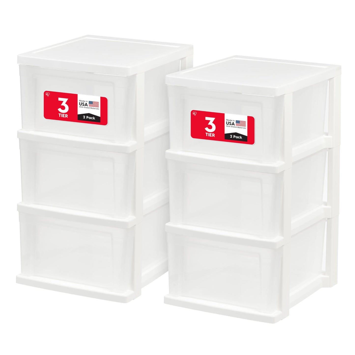 IRIS USA 3-Drawer Slim Narrow Storage Organizer, 2-Pack, White/Clear