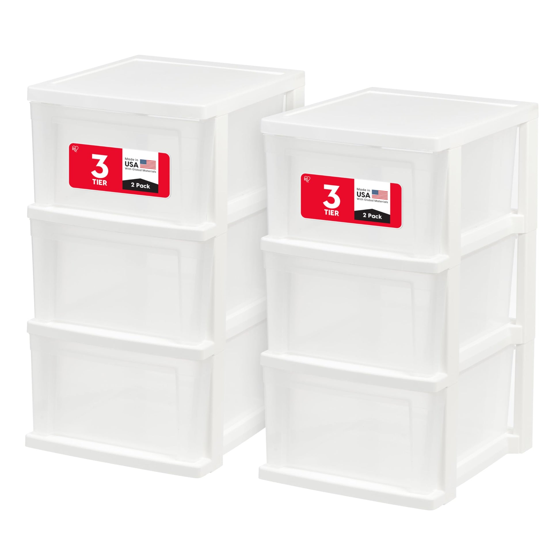 IRIS USA 3-Drawer Slim Narrow Storage Organizer, 2-Pack, White/Clear