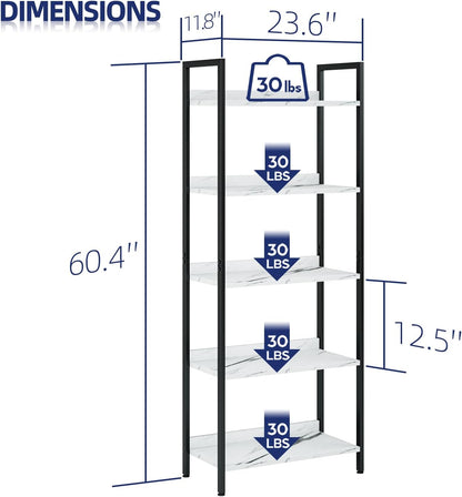 NUMENN Bookshelf, 5 Tier Bookshelves, Home Office Bookcase Shelf Storage Organizer, Free Standing Storage Shelving Unit for Bedroom, Living Room and Home Office, White Marble