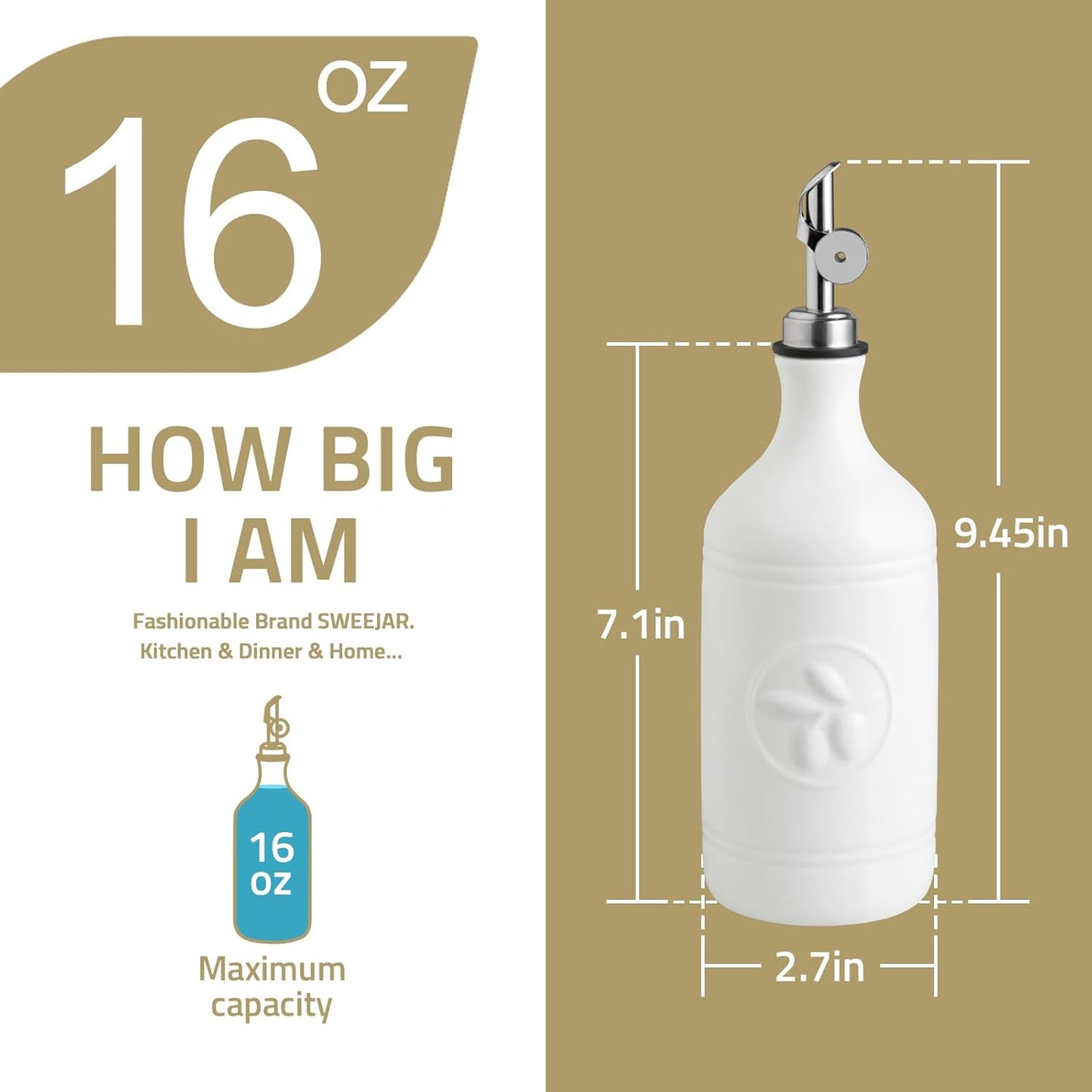 Sweejar 16 Oz Ceramic Olive Oil Dispenser Bottle, Oil Dispenser for Kitchen with Gravity Spout, Relief Opaque Oil Container for Evoo, Avocado Oil, Vinegar, Soy Sauce, 1 Pack(Fog Blue, Gold Spout)