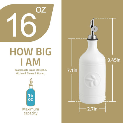 Sweejar 16 Oz Ceramic Olive Oil Dispenser Bottle, Oil Dispenser for Kitchen with Gravity Spout, Relief Opaque Oil Container for Evoo, Avocado Oil, Vinegar, Soy Sauce, 1 Pack(Beige, Silver Spout)