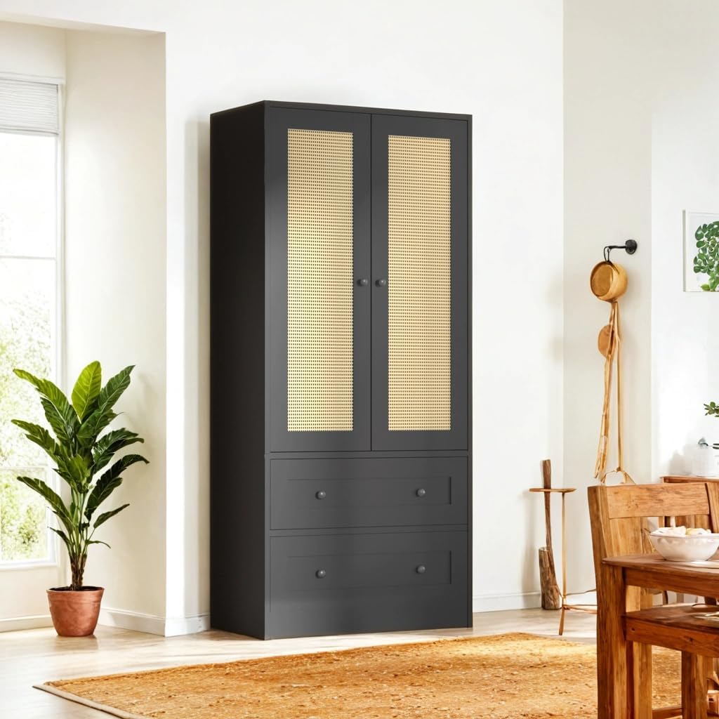 64.2" Tall Rattan Black Kitchen Pantry, Storage Cabinet with Doors and Drawers, Freestanding Wooden Organizer for Kitchen, Dining Room