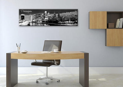 DJSYLIFE Philadelphia Skyline Canvas Art - 13.8"x47.3" Black & White Cityscape Wall Decor, Modern Panoramic Night View Print for Living Room, Office, Bedroom - Ready to Hang
