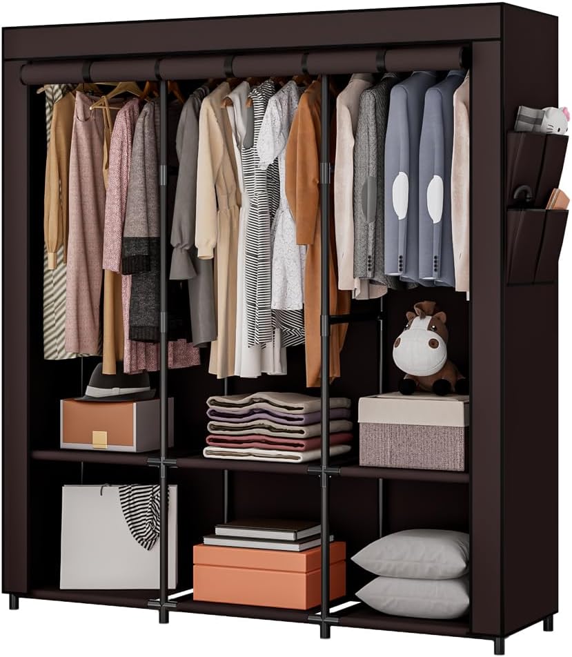 SORCEDAS Portable Closet Wardrobe Storage Organizer Metal Hanging Rack Non-Woven Fabric 50 Inch (Coffee)