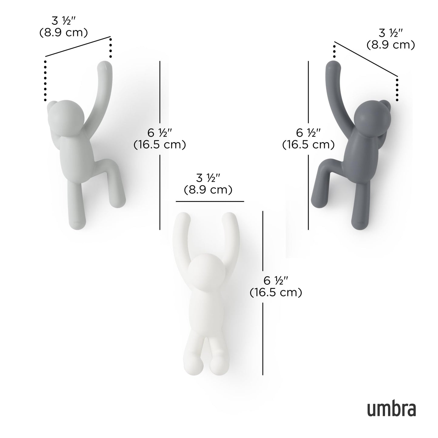 Umbra Buddy Wall Hooks, Decorative Wall Mount Coat Hooks, Set of 3, Grey