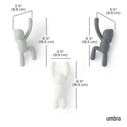 Umbra Buddy Wall Hooks, Decorative Wall Mount Coat Hooks, Set of 3, Grey