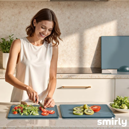SMIRLY Plastic Cutting Board Set 3 Pieces, Non-Slip Dishwasher Safe Chopping Boards for Kitchen, Blue