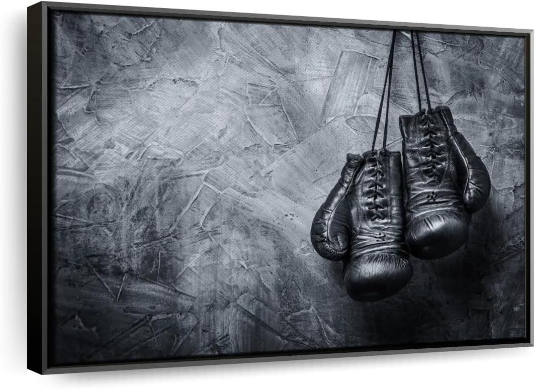 ElephantStock Boxing Gloves Wall Art - Horizontal Framed Canvas - 1-Piece Living Room Wall Decor - Photography Sports Canvas Print - Black and Gray Decor for Wall - 37" X 25"