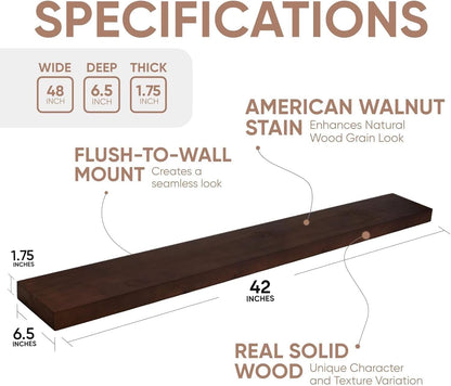 Homeforia Walnut 42 inch Floating Shelves, High End Solid Real Wood 42inch Floating Shelf for Wall, Large Dark Brown 42 inches Long Floating Shelves, Heavy Duty Bracket, 42 X 6.5 X 1.75 inch, Set of 2