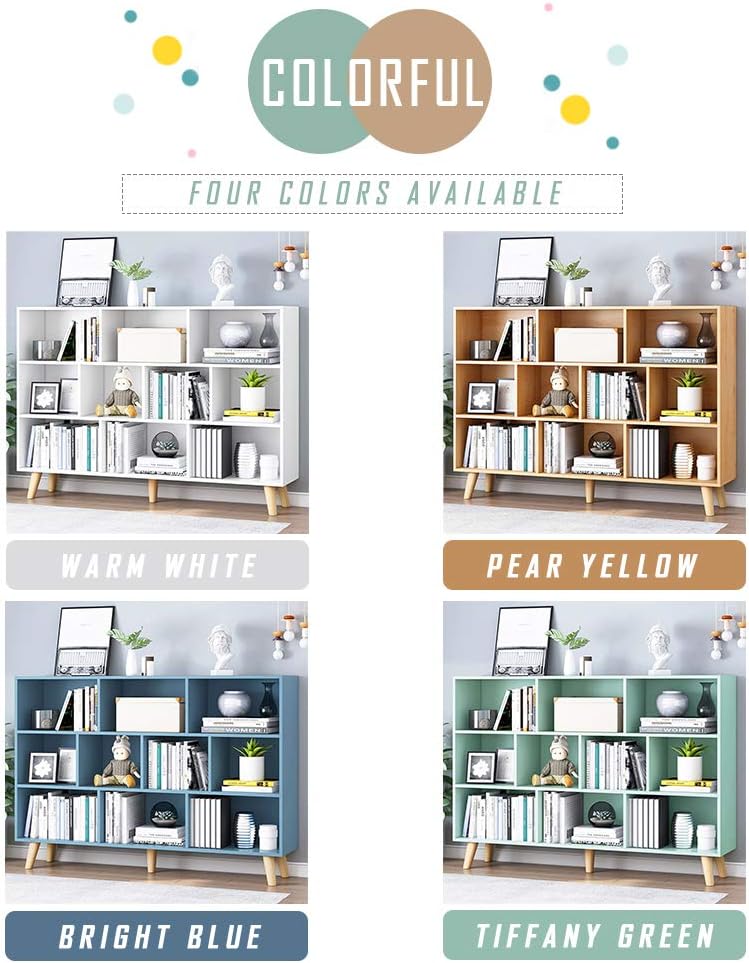 IOTXY Wooden Open Shelf Bookcase - 3-Tier Floor Standing Display Cabinet Rack with Legs, 10 Cubes Kids Bookshelf, Tiffany-Green