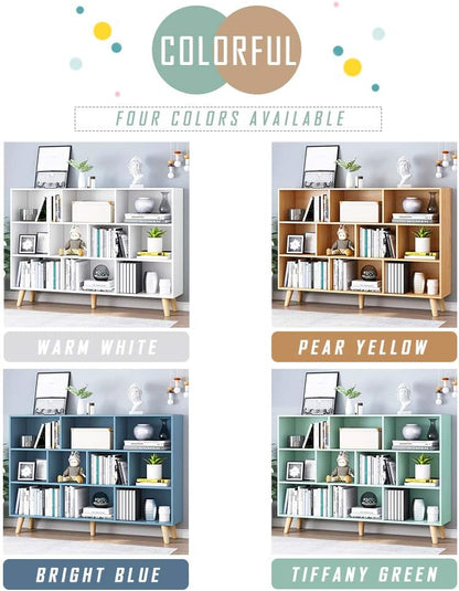 IOTXY Wooden Open Shelf Bookcase - 3-Tier Floor Standing Display Cabinet Rack with Legs, 10 Cubes Kids Bookshelf, Tiffany-Green