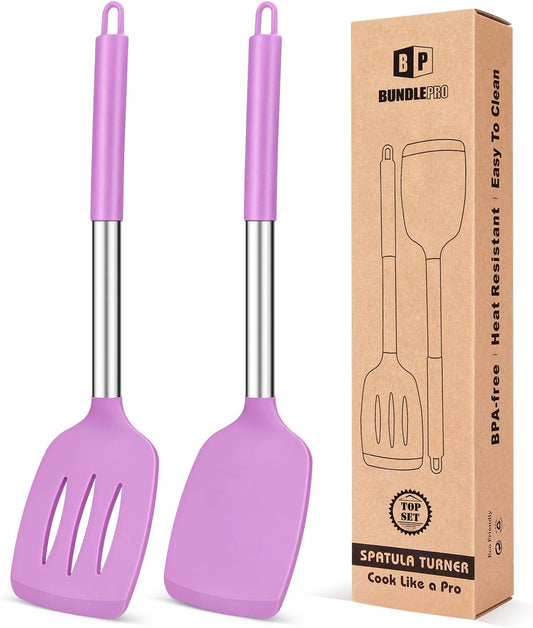 Pack of 2 Silicone Solid Turner, Non Stick Slotted Kitchen Spatulas, High Heat Resistant BPA Free
