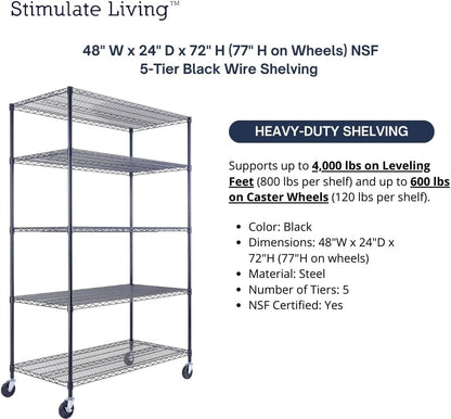 48"x24"x72" Prime Heavy Duty Black 5-Tier Steel Wire Shelving NSF 4000 LBS MAX Capacity Storage Rack for Commercial, School, Home, Garage, Warehouse, Industrial, and Hospital Uses (with Wheels)