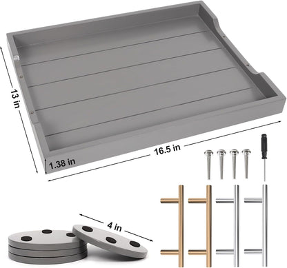 Coffee Table Tray - Large Ottoman Trays for Living Rooms - Wood Serving Tray with Handles(2 Sets) - Wooden Tray for Coffee Table, 4 Round Coasters Included, Gray