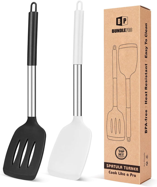 Pack of 2 Silicone Solid Turner, Non Stick Slotted Kitchen Spatulas, High Heat Resistant BPA Free