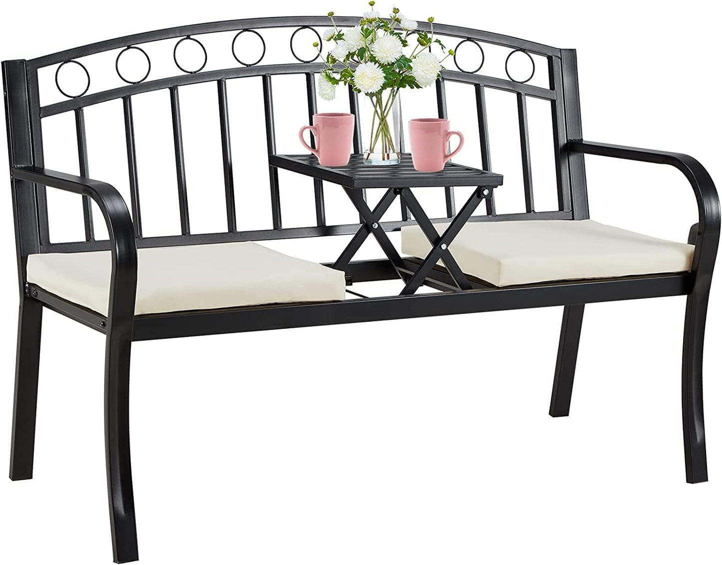 AVAWING Outdoor Metal Garden Bench, 2-Seat Patio Porch Bench with Steel Frame, Park Bench w/Pullout Middle Table＆ Cushion for Backyard Lawn Deck Entryway, Black