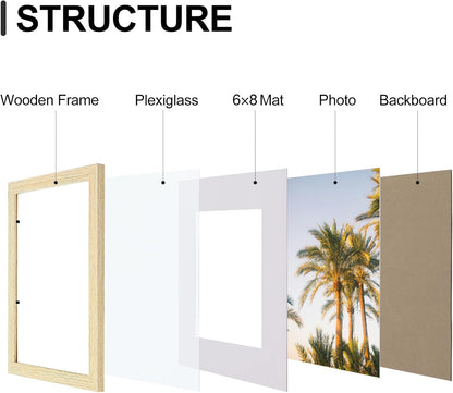 Vittanly 8x12 Picture Frames Set of 9, Shatter Resistant Plexiglass, Display 6x8 Pictures with Mat or 8x12 without Mat, Photo Frames for Wall or Tabletop, Engineered Wood, OAK