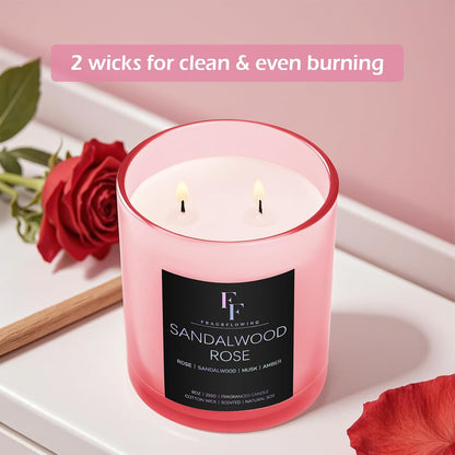 Sandalwood Rose Scented Candle, 2-Wick Luxury Soy Wax Candle, 9 oz Aromatherapy Candle Home Fragrance Candles Gift