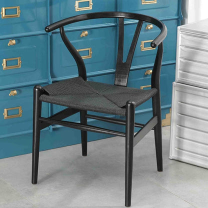Wishbone Chair, Solid Wood Armrest Woven Seat Chair, Kitchen & Dining Chair, Wishbone Y Black Chairs - Set of 2 (Ash Wood - Black)
