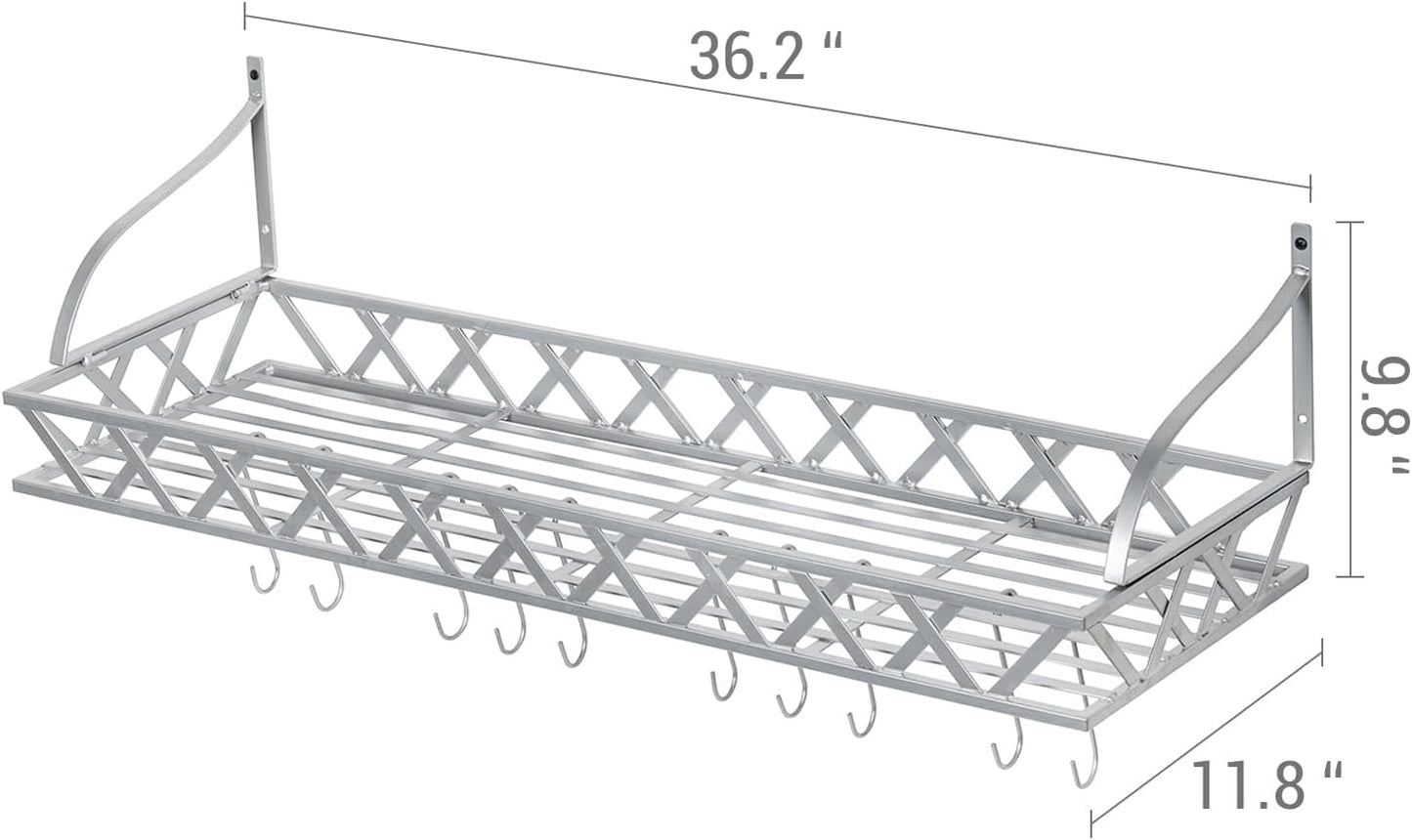 MyGift Wall Mounted Silver-Tone Metal Hanging Kitchen Pots, Pans and Utensils Storage Cookware Rack with 12 Removable S-Hooks and Top Display Shelf for Condiments Spice Rack