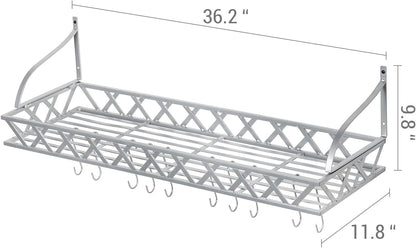 MyGift Wall Mounted Silver-Tone Metal Hanging Kitchen Pots, Pans and Utensils Storage Cookware Rack with 12 Removable S-Hooks and Top Display Shelf for Condiments Spice Rack
