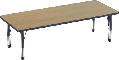 FDP Rectangle (30 x 72 inch) Classroom Table with Adjustable Chunky Toddler Legs (15-24 in); Preschool, Kinder and Daycare Furniture - Pasadena Oak Top/Navy Edge and Legs