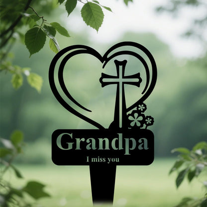 Grandpa Memorial Grave Stake, Cemetery Decorations for Grave Markers 12.5 x 7.2 inch Heart Metal Sympathy Stakes Graveside Plaque Decor Sign for Grandpa Graves, Yard, Garden - Black-Grandpa