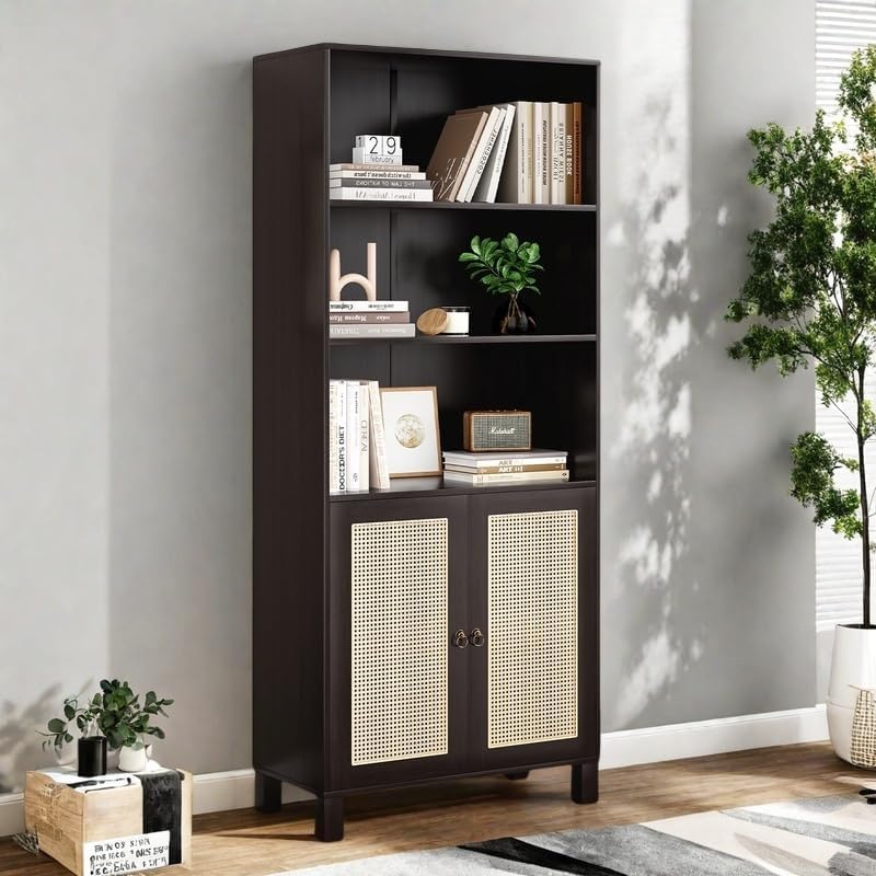 Tall Bookshelf, 5-Tier Book Shelf with 2 Rattan Doors, Freestanding Bookcase Display Shelves with Large Storage, Book Case for Living Room, Office, Study, Bedroom, 70.9 Inch