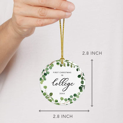 Andaz Press Custom Year Round Ceramic Porcelain Christmas Tree Ornament Keepsake Collectible Gift, First Christmas in College 2025, Farmhouse Eucalyptus Wreath, 1-PackGraduation Gift Ideas