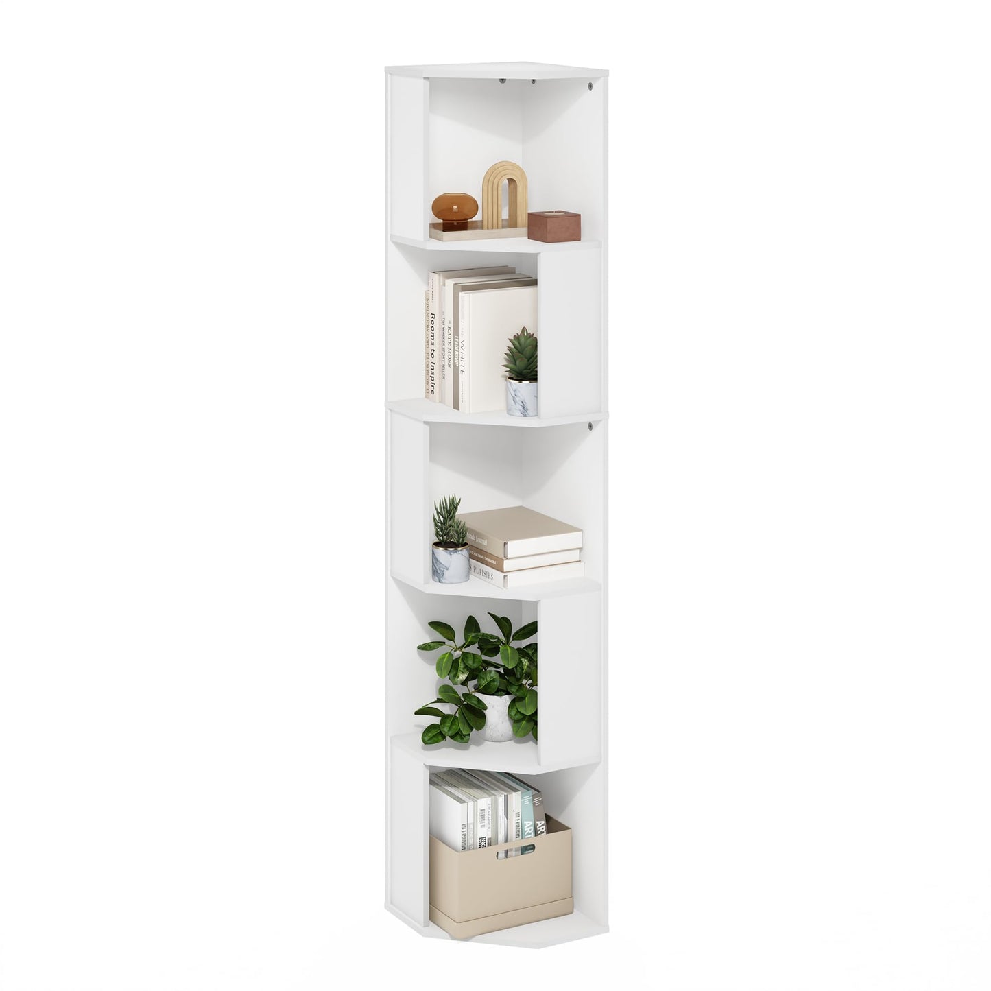 Furinno ECON Corner Shelf, 5-Tier Corner Book Shelf, Standing Storage Shelves, Cube Display Rack