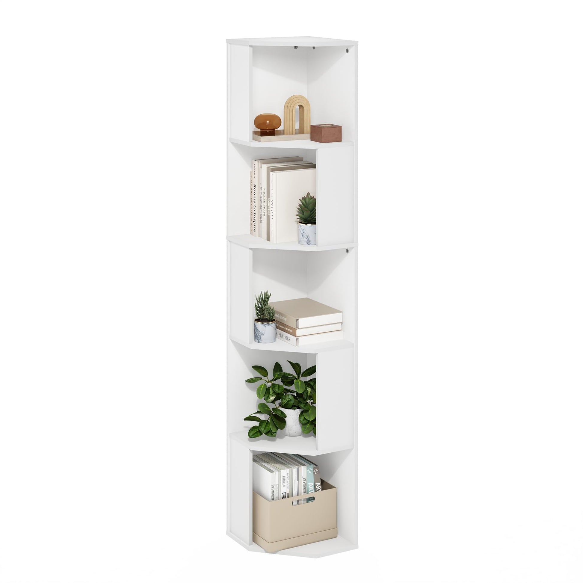Furinno ECON Corner Shelf, 5-Tier Corner Book Shelf, Standing Storage Shelves, Cube Display Rack