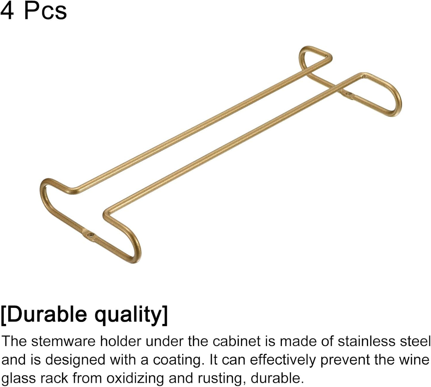 uxcell Wine Glass Rack Under Cabinet, 4Pcs 10-Inch Stemware Wine Glass Hanging Rack Stainless Steel Wine Glass Organizer Storage Hanger for 5mm Stemware Column, Gold