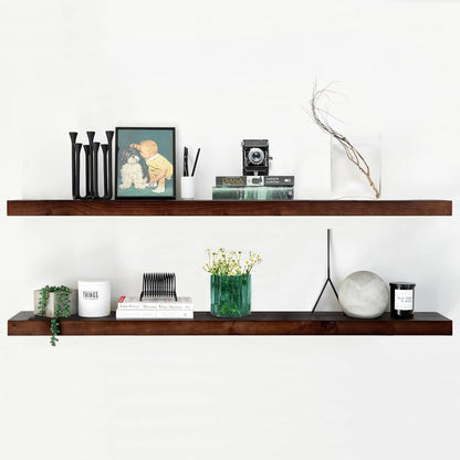 Homeforia Walnut 60 inch Floating Shelf, High End Solid Real Wood 60inch Long Floating Shelf for Wall, Dark Brown Wooden 60in Large Floating Shelves, Heavy Duty Bracket, 60 X 6.5 X 1.75 inch, Set of 2