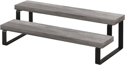 YINMIT Wooden Display Riser Stand, Tiered Perfume and Cologne Organizer Stand, 2 Tier Spice Rack Organizer, Rustic Display Shelf for Candles (2 Tier,Grey)