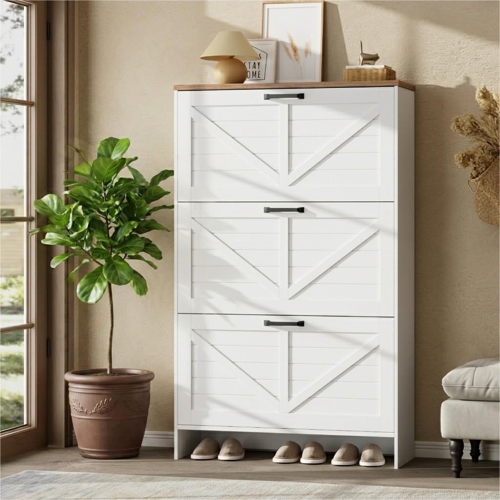 Nicetree Shoe Cabinet, 3 Flip Drawers & Adjustable Shelves, Ultra Slim Freestanding (9.1” Deep)