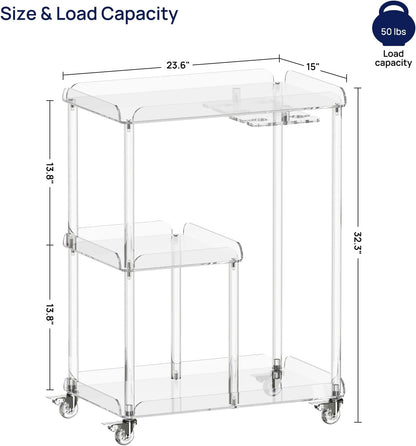 HMYHUM Acrylic Bar Cart with 4 Lockable Wheels, 3 Tier Clear Serving Cart with Glass Holder, Rolling Beverage Cart for Home, Kitchen, Dinning Room, 23.6''D x 15''W x 32.3''H