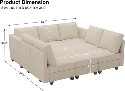 Belffin Corduroy Modular Sectional Sofa 9 Seat Convertible Sectional Sleeper Sofa Bed with Storage Ottomans Modular Sectional Couch Bed for Living Room Beige