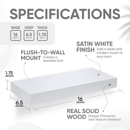 Homeforia White Floating Shelves 16 inch, High End Solid Real Wood 16inch Bathroom Floating Shelf for Wall Mounted, White Wooden 16 Floating Shelves, Heavy Duty Bracket, 16 X 6.5 X 1.75 inch, Set of 4